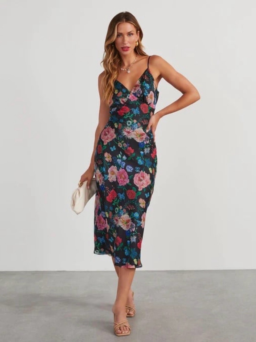 Floral Slip Midi Dress in Black with Multi-Colored Blooms